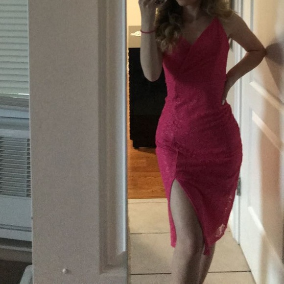 BCBG Hot Pink Lace Wrap Thigh Slit Dress - Picture 3 of 8